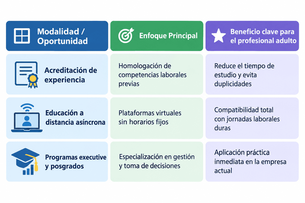 Modalidad / Oportunidad
Acreditación de experiencia
Enfoque principal: Homologación de competencias laborales previas
Beneficio clave para el profesional adulto: Reduce el tiempo de estudio y evita duplicidades.
Educación a distancia asíncrona
Enfoque principal: Plataformas virtuales sin horarios fijos
Beneficio clave para el profesional adulto: Compatibilidad total con jornadas laborales exigentes.
Programas executive y posgrados
Enfoque principal: Especialización en gestión y toma de decisiones
Beneficio clave para el profesional adulto: Aplicación práctica inmediata en la empresa actual.