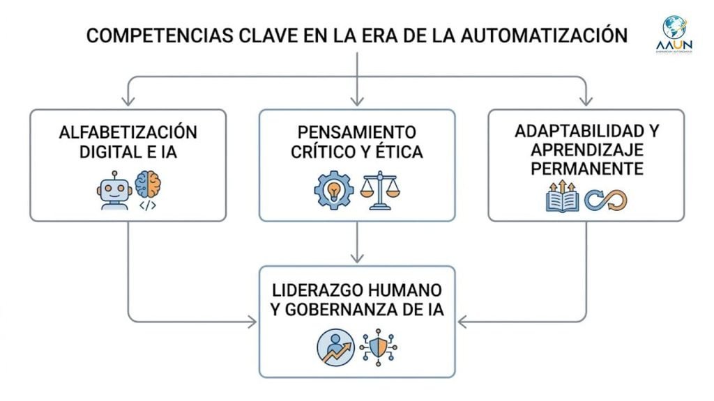Las 4 competencias clave para los profesionales del futuro
El nuevo entorno laboral exige un perfil híbrido que combine el dominio de las nuevas tecnologías con habilidades directivas y analíticas. Las siguientes cuatro competencias constituyen el núcleo del desarrollo profesional en la era digital.

┌──────────────────────────────────────────────────────────┐
       │   COMPETENCIAS CLAVE EN LA ERA DE LA AUTOMATIZACIÓN      │
       └────────────────────────────┬─────────────────────────────┘
                                    │
       ┌────────────────────────────┼────────────────────────────┐
       ▼                            ▼                            ▼
┌───────────────┐           ┌───────────────┐           ┌───────────────┐
│ Alfabetización│           │  Pensamiento  │           │ Adaptabilidad │
│ Digital e IA  │           │   Crítico y   │           │ y Aprendizaje │
│               │           │    Ética      │           │  Permanente   │
└──────┬────────┘           └──────┬────────┘           └──────┬────────┘
       │                           │                           │
       └───────────────────────────┼───────────────────────────┘
                                   │
                                   ▼
                        ┌─────────────────────┐
                        │ Liderazgo Humano y  │
                        │   Gobernanza de IA  │
                        

